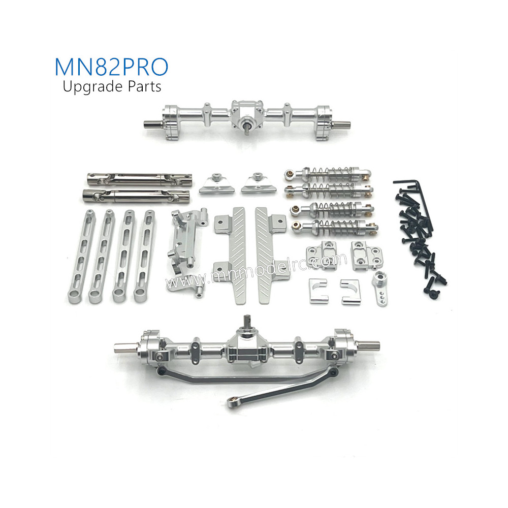41-MN_MODEL_MN82PRO_Upgrade_Parts_Front_and_Rear_Axle_kit_Shocks_and_Side_plate_silver