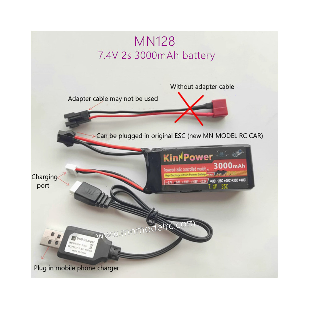 MN MODEL MN128 7.4V 2S 3000mAh battery + charging cable