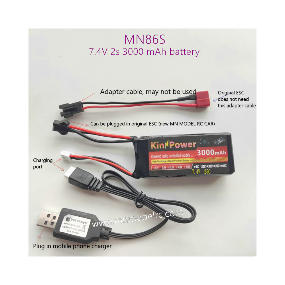 MN MODEL MN86S 7.4V 2S 3000mAh battery + charging cable + adapter cable