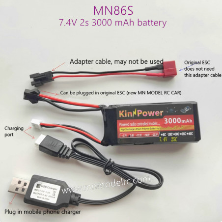 MN MODEL MN86S 7.4V 2S 3000mAh battery + charging cable + adapter cable